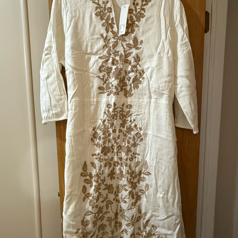 Soft Surroundings White Dress with Brown Embroidery NWT